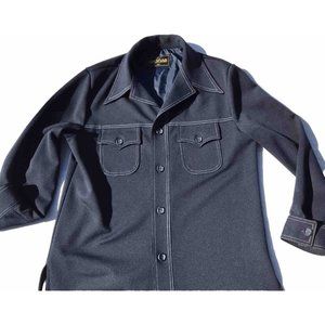 Vtg HTF 70s Men's Shirt Jacket Haggar Navy Blue Mod Poly Jacket Blazer Sz 42